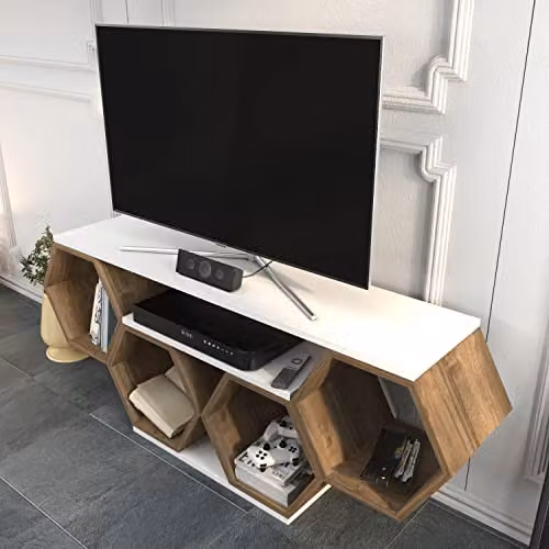 DECOROTIKA Honey TV Stand for TVs up to 55 inch, Walnut and White Geometric Design, W/D/H: 140 x 30 x 40.5 cm – 2