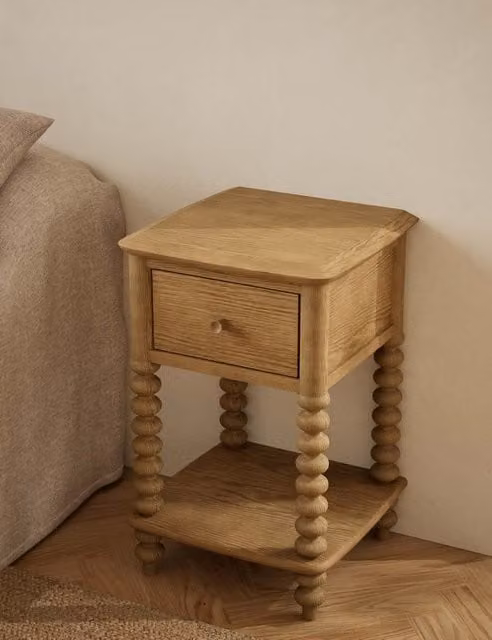 M&S Evelyn Bobbin Bedside Table in Dark Honey Oak Wood