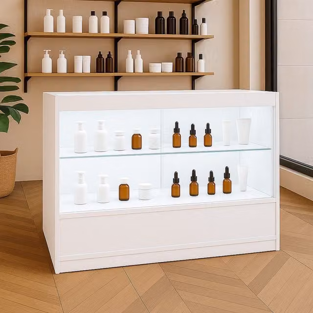 Monster Shop C1200 LED Shop Counter in White with Glass Doors and Integrated Lighting