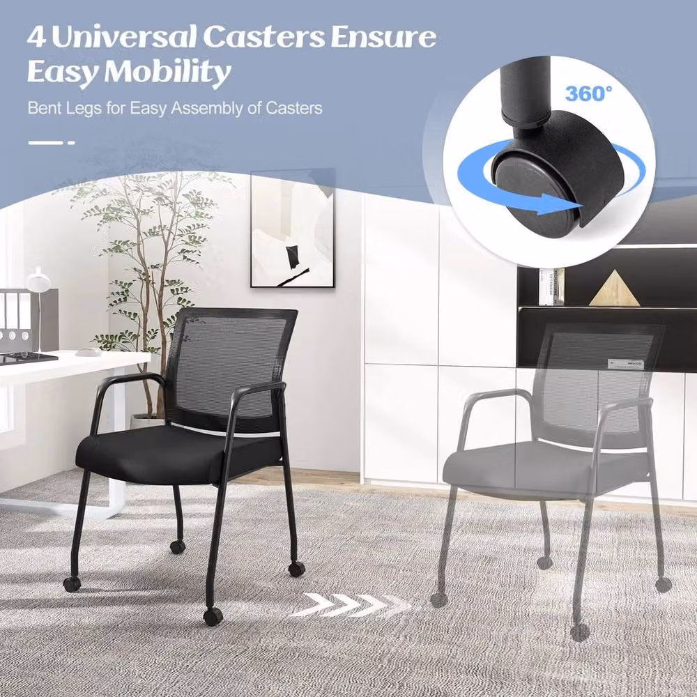 VOGREX Set of 2 Modern Black Fabric Conference and Office Guest Chairs with Armrests and Castors – 3