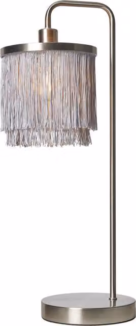 Litecraft Polly Table Lamp with Grey Fringed Shade in Silver and Grey