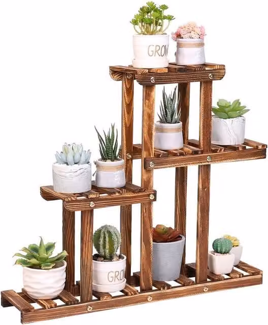 KORVIXA Rustic Brown Wood Tabletop Window Flower Plant Pot Shelf, W/D/H: 100 x 100 x 100 cm