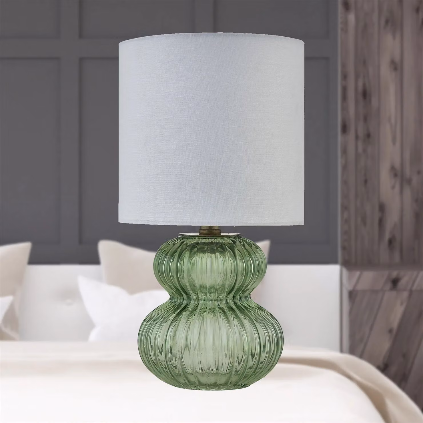 First Choice Lighting Walter Set of 2 Green Ribbed Glass Table Lamps with White Fabric Shades – 3