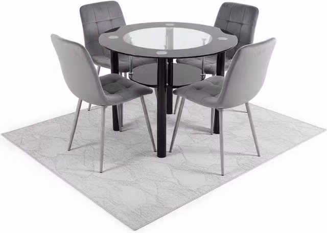 KOSY KOALA Round Black Glass Dining Table and 4 Grey Velvet Chairs Set, W/D/H: 90 x 90 x 75 cm – 2