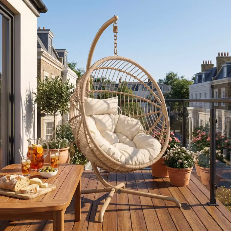 DHS Beige Rattan Foldable Garden Hanging Egg Chair with Stand and Cushions