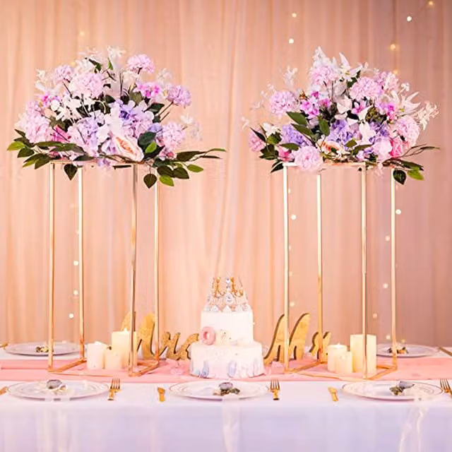 Livingandhome Glamour Golden Flower Stand, Gold Metal Tabletop Design