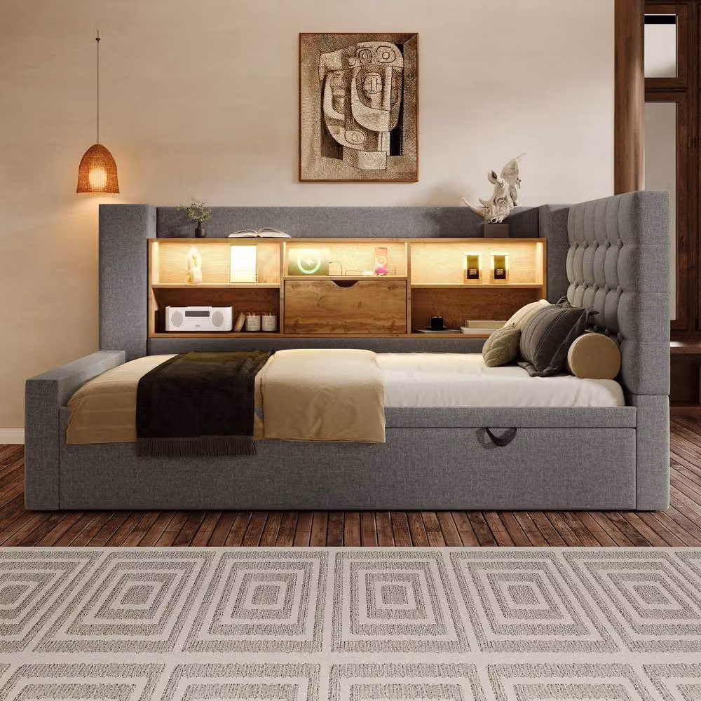 Rolipo Grey Linen Daybed with Trundle, Storage, USB Charging Port and Under-bed Lighting, 3FT Single Sofa Bed, W: 90 cm, D: 190 cm – 8