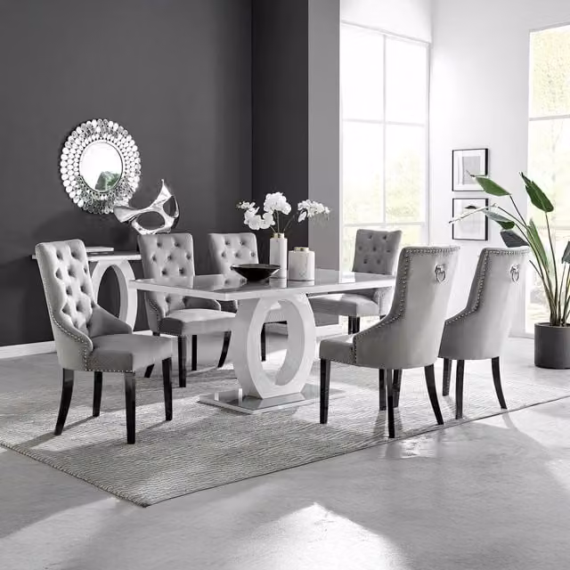 FurnitureboxUK Giovani Grey Glass Dining Table and 6 Belgravia Velvet Dining Chairs with Black Legs – 1