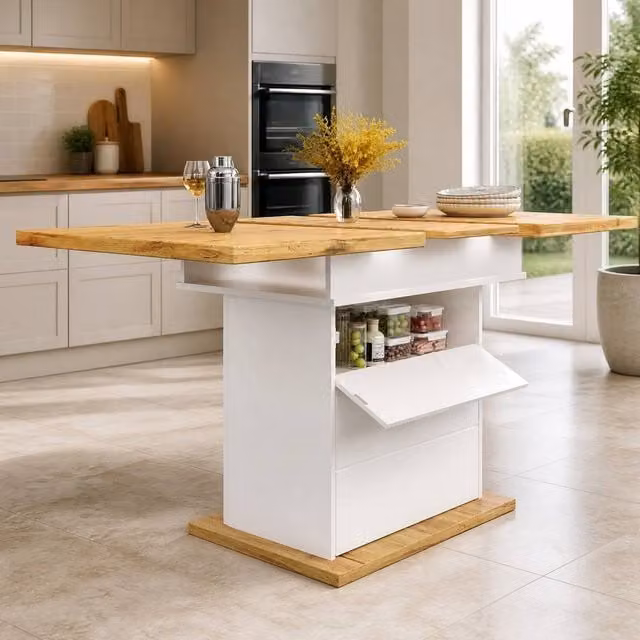 STILVORA Extendable Rectangular Dining Table with Storage in White, W/D/H: 140 x 80 x 75 cm – 1