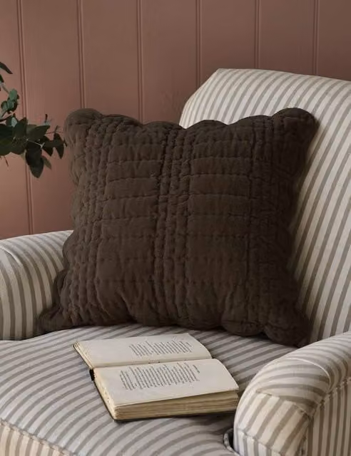 Laura Ashley Dark Brown Velvet Scalloped Square Cushion
