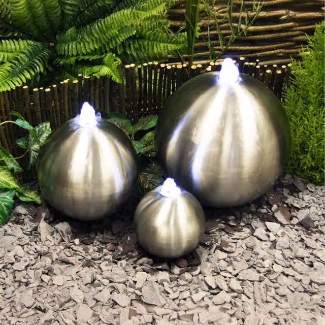 Primrose 3 Spheres Water Feature Cascade with LED Lights in Silver Stainless Steel