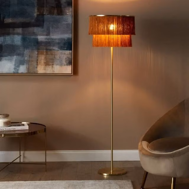 Wyld and Coco Vintage Floor Lamp with Brown Fabric Shade and Gold Metal Base, Height: 137 cm