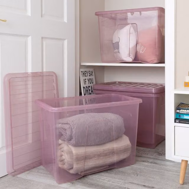 Wham Crystal 4x 80L Plastic Storage Boxes with Lids, Pink
