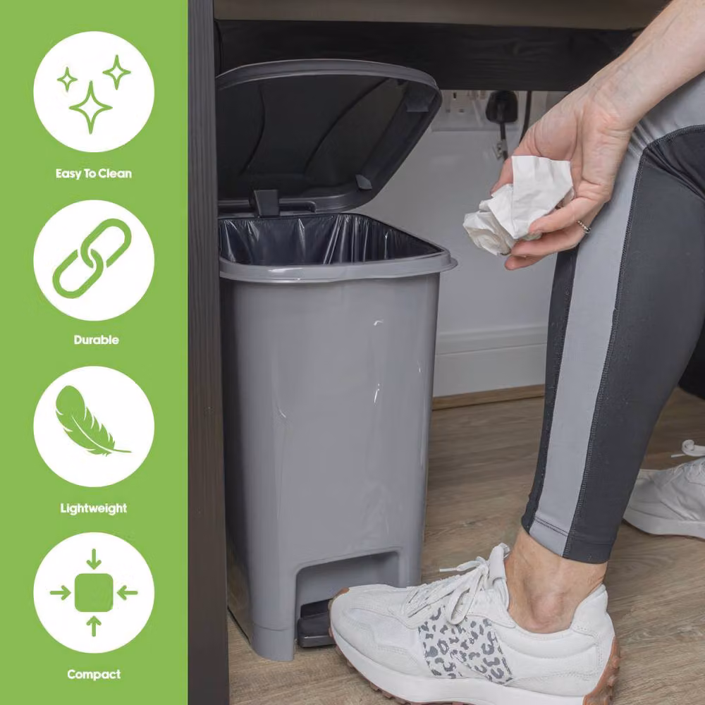 JVL Slim Plastic Lidded Foot Pedal Waste Bin, 10L, Grey – 6