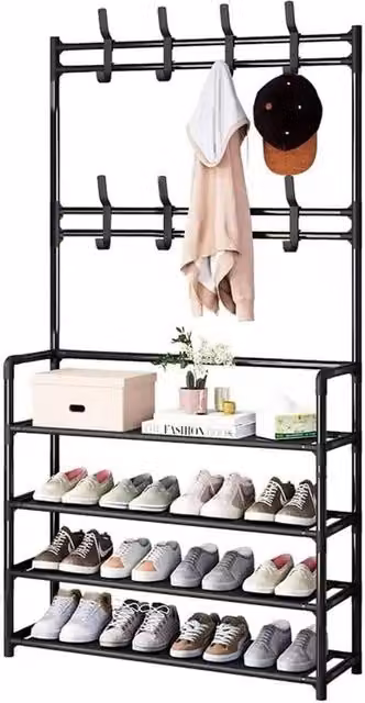 VOGREX 5-Tier Space-Saving Shoe Rack with Coat Hooks in Matt Black – 1