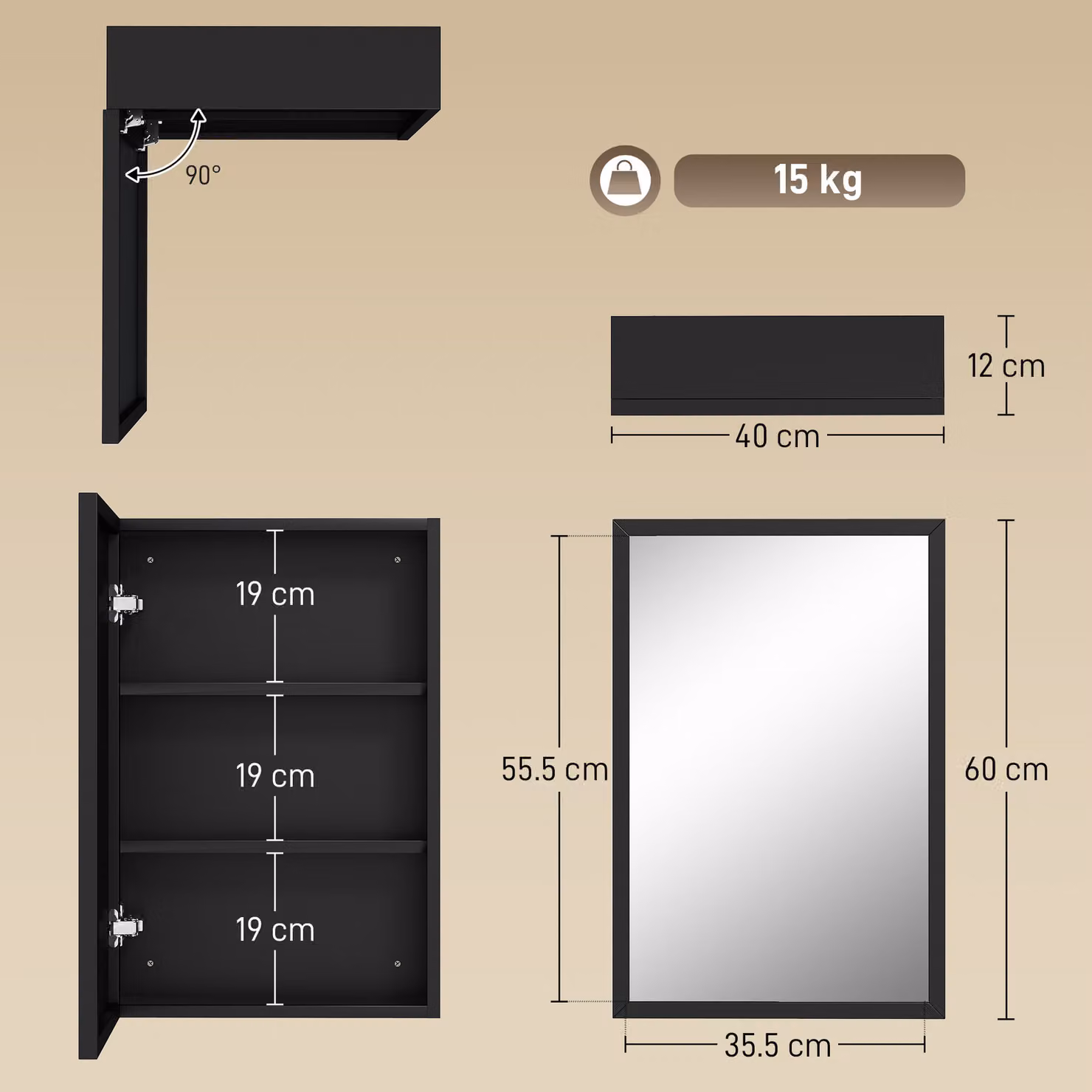 kleankin Black Wall Mounted Bathroom Mirror Cabinet with Internal Shelves, W/D/H: 40 x 12 x 60 cm – 3