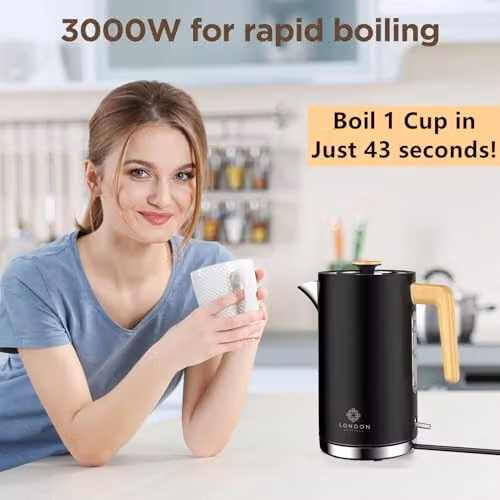 London Boutique 1.7L Electric Kettle in Matte Black, 2500W Fast Boil Cordless Stainless Steel Kettle with Wood Effect Handle, Strix Controller, Auto Shut-Off and Limescale Filter – 2