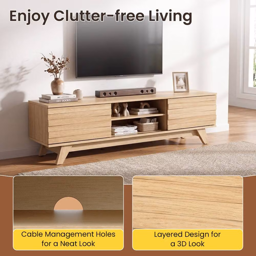 Gymax Mid-Century Wooden TV Stand with 2 Sliding Doors in Beige for TVs up to 55 inch – 7