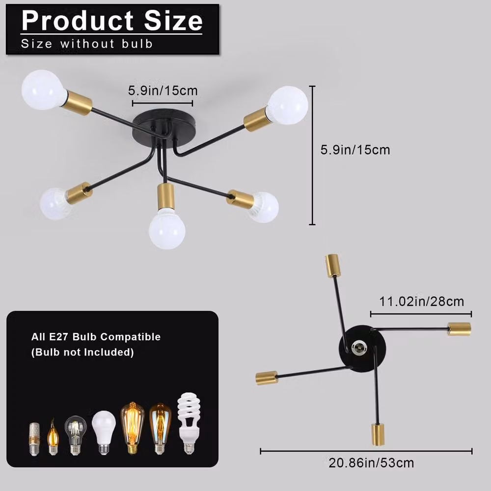 Goeco Industrial 5-Light Vintage Sputnik Ceiling Chandelier in Black and Gold/Brass with E27 Base – 2