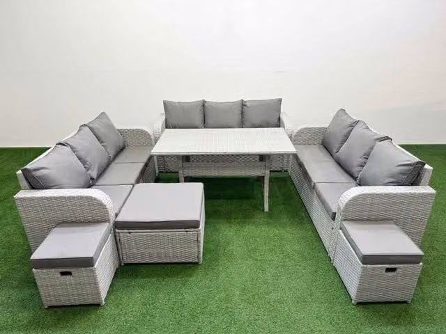 Fimous 12 Seater PE Rattan Outdoor Garden Furniture Set in Light Grey with Rectangular Dining Table, 3 Seater Sofa and 3 Stools