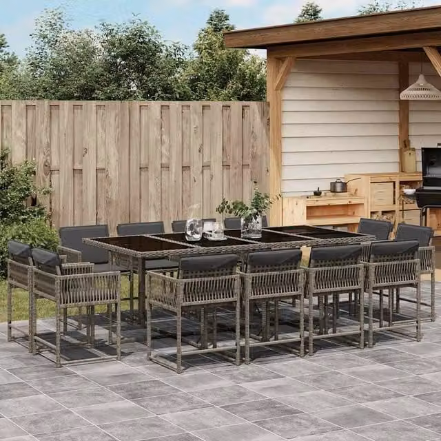Berkfield Home 13 Piece Grey Poly Rattan Garden Dining Set with Cushions and Glass Tabletop