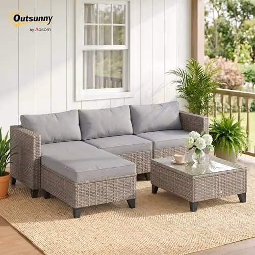 Outsunny 5-Piece L-Shape Rattan Garden Furniture Set with Ottoman and Coffee Table in Grey and Brown – 2