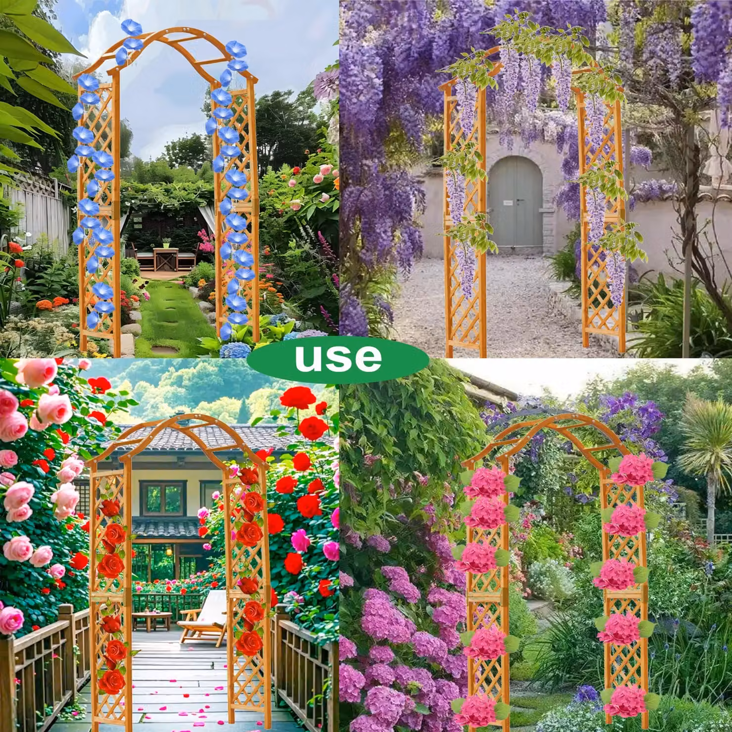 Gr8 Garden Wooden Garden Arch Pergola Trellis with Curved Support for Climbing Plants, Brown, H 221.0 cm x W 113.0 cm x D 40.0 cm – 4
