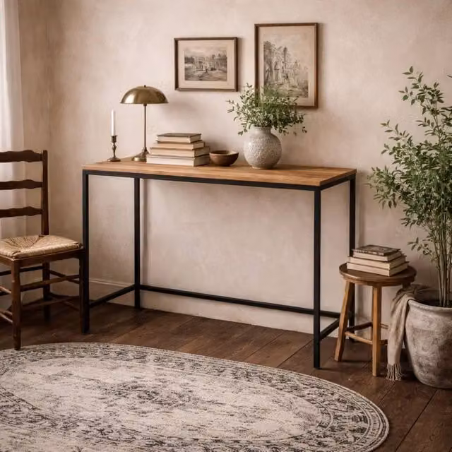 Wyld Haus Lucan Writing Desk in Natural Oak Effect with Black Metal Legs, W: 105 cm, D: 47 cm, H: 75 cm