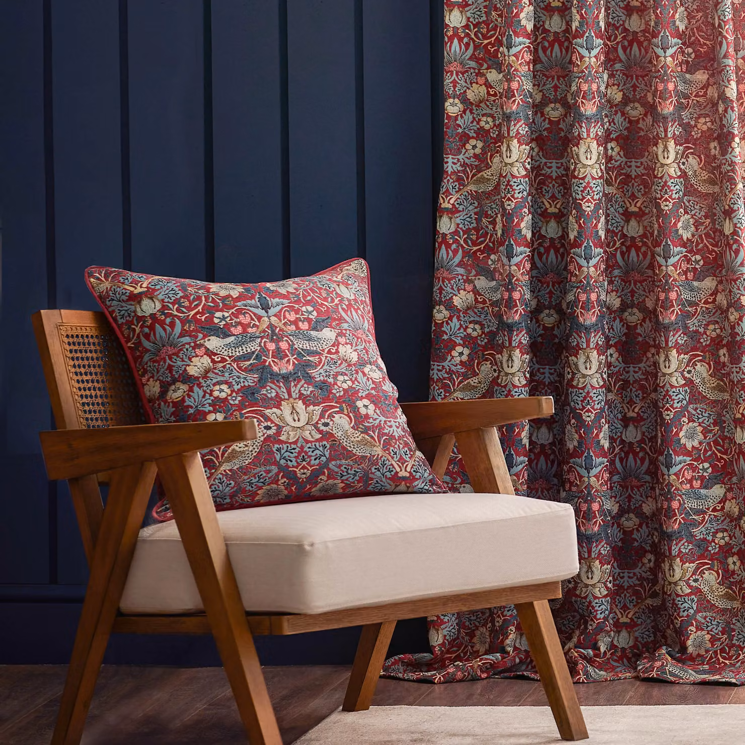 Morris & Co Strawberry Thief Jacquard Floral Room Darkening Pencil Pleat Curtain Pair in Red, Width: 117 cm, Drop: 183 cm – 3