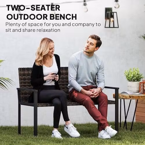 Outsunny 2 Seater Rattan Garden Bench with Quick-Drying Padding in Brown, W: 120 cm, D: 60 cm, H: 85 cm – 3