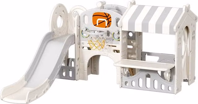 Kidkid Slide Climber Playhouse Combo for Toddlers with Throwing Game, Beige and Grey