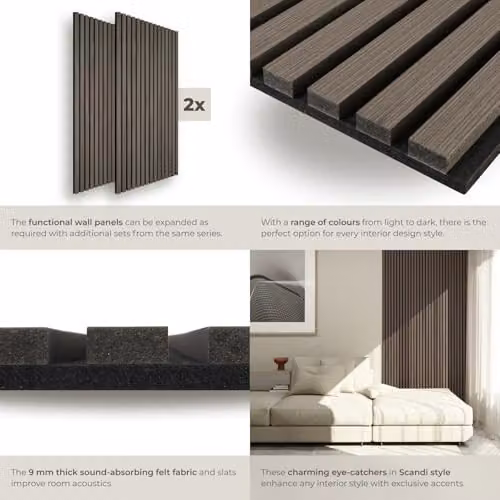 tectake Set of 2 Sound-Absorbing Acoustic Wall Panels with Wood Look and MDF, Grey, W: 120 cm, D: 60 cm, H: 2.1 cm – 4
