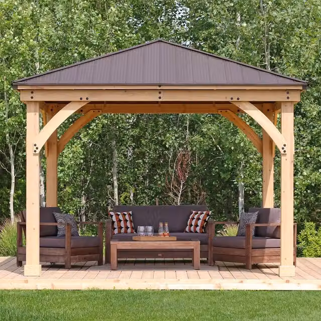 Yardistry Meridian Gazebo in Brown with Hip Roof and Rustic Wood and Metal Design W/D/H: 365.76 x 365.76 x 365.76 cm