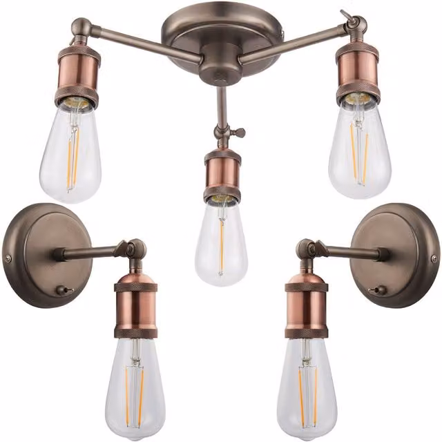 Loops Industrial Lighting Set: 3-Lamp Ceiling Pendant and 2 Matching Wall Lights in Tarnished Aged Copper