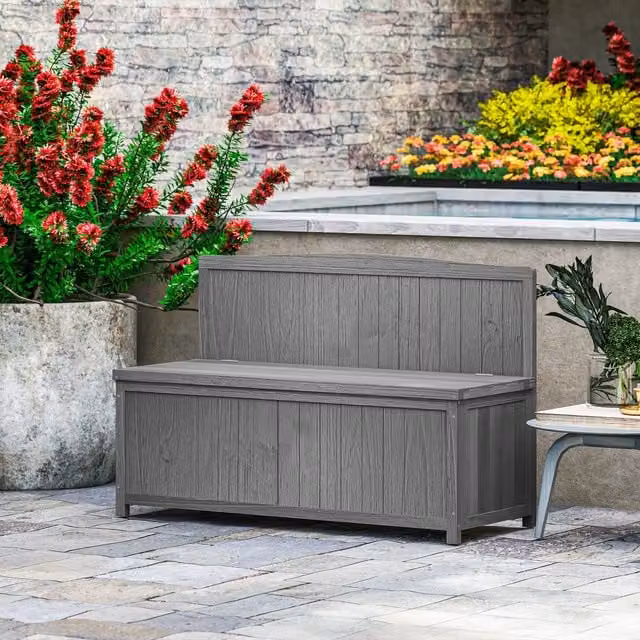 Outsunny Modern Grey Lacquered Wood Storage Bench for Patio Furniture