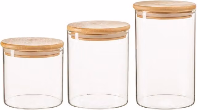 Argon Tableware 3 Piece Scandi Glass Storage Jars Set with Wooden Lids in Transparent and Yellow