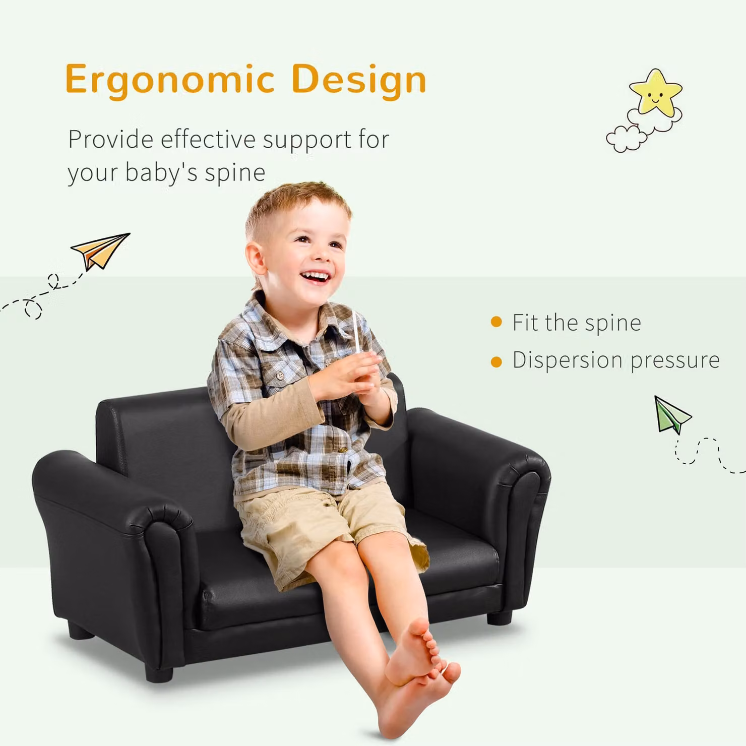 HOMCOM 2 Seater Toddler Sofa with Matching Ottoman, Black Synthetic Leather Upholstered Kids Double Armchair with Solid Wood Frame – 4