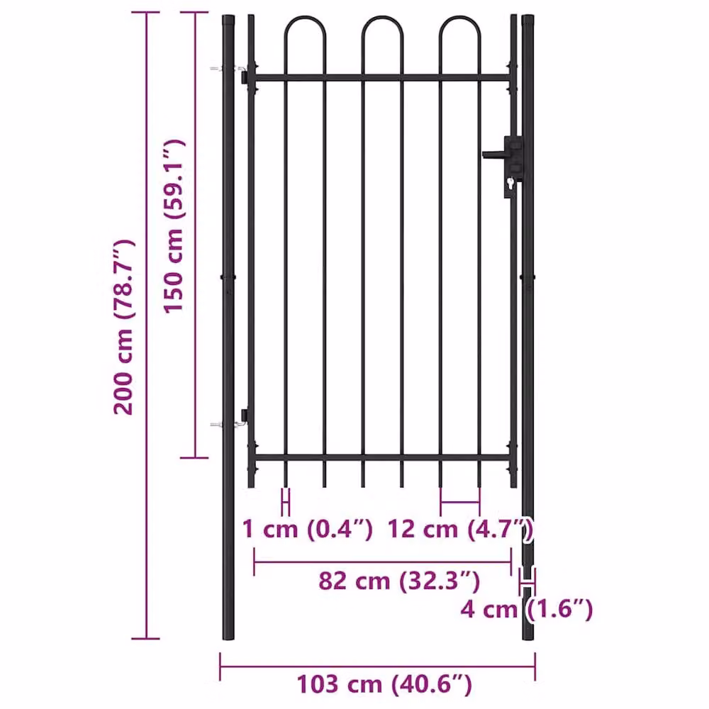 Berkfield Home Single Door Arched Top Steel Fence Gate, Black, W: 1.5 m, H: 1.0 m – 5