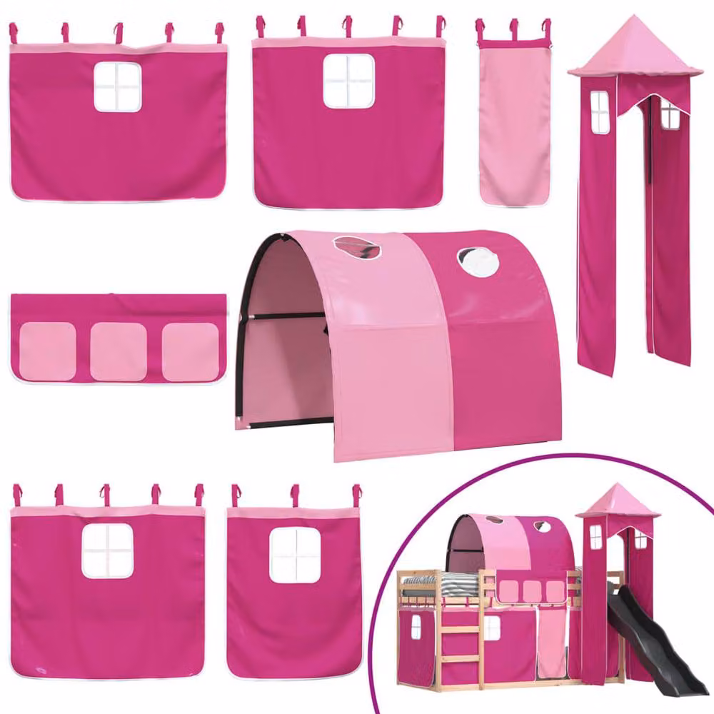 Berkfield Home Pink Solid Wood Childrens Bunk Bed with Slide and Curtains W/D/H: 80 x 200 cm – 4