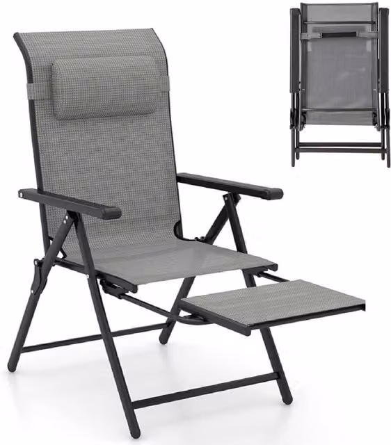 Costway Grey Folding Patio Lounge Chair with Textilene Fabric, Metal Frame, Armrests and Adjustable Headrest