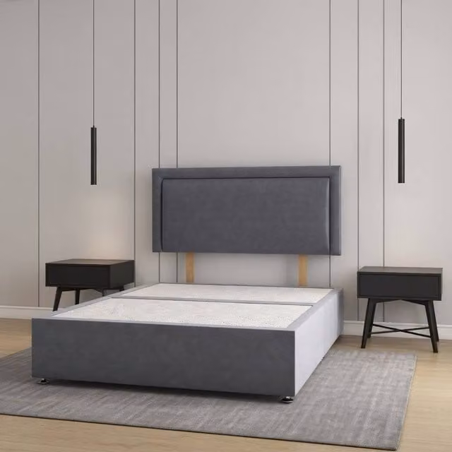 Regional Furnishings Luxury Divan Bed Base with 24 inch Headboard in Anthracite Grey Plush Velvet, W/D/H: 120 x 200 cm