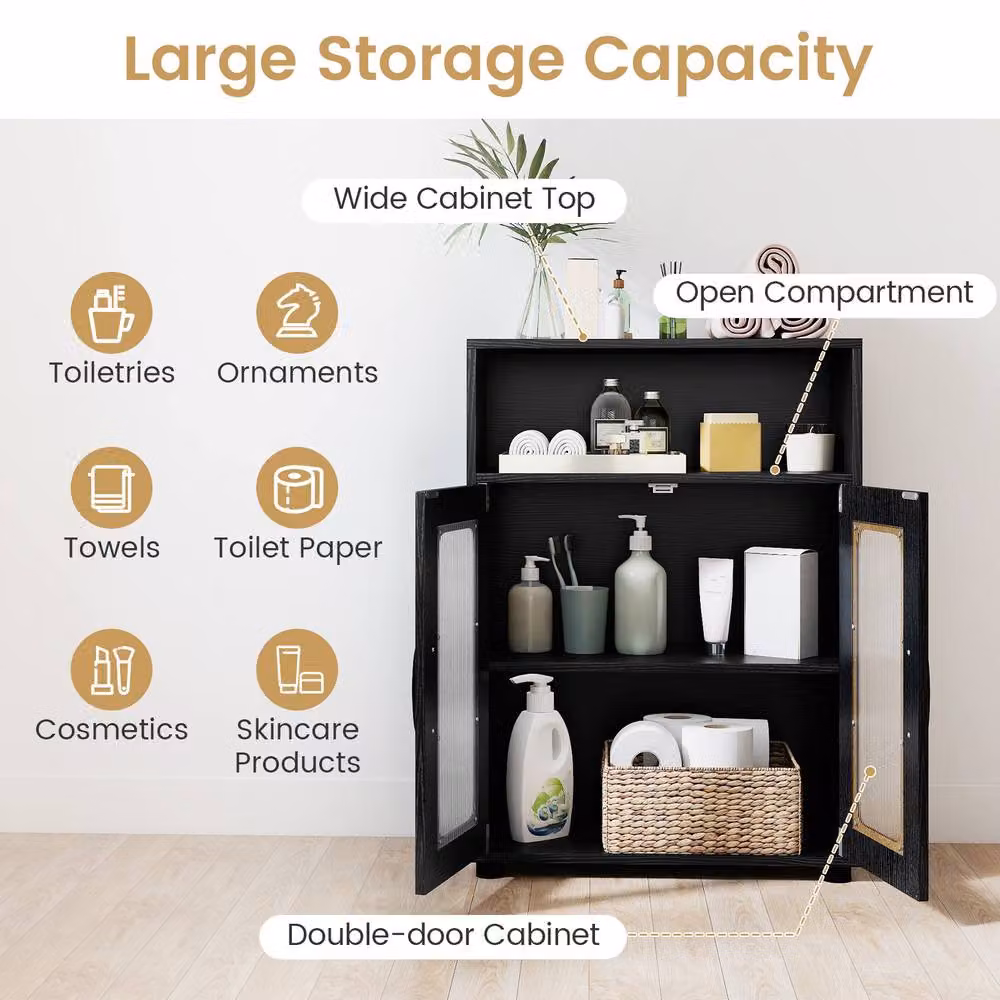 Costway Freestanding Black Bathroom Cabinet with 2 Hinged Doors and Internal Shelves – 8