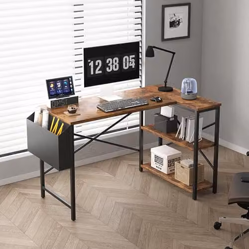 MCC Direct Lotus L Shaped Corner Computer Desk with Adjustable Shelves, Brown