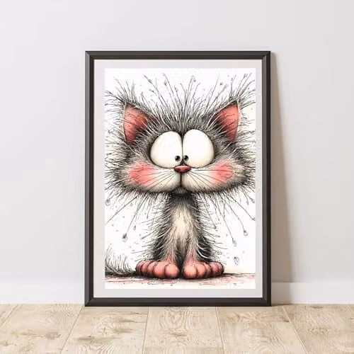 60 SECOND MAKEOVER Quirky Cat Print Paper Poster, Black and Multicolour, A4