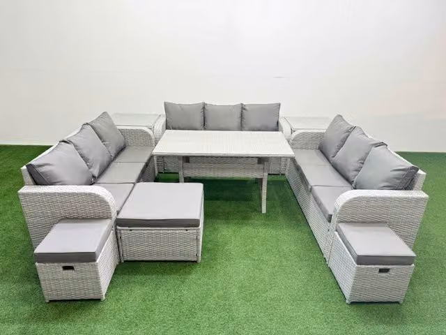 Fimous 12 Seater PE Rattan Outdoor Garden Furniture Set in Light Grey with Rectangular Dining Table, 3 Seater Sofa, 3 Stools and 2 Side Tables