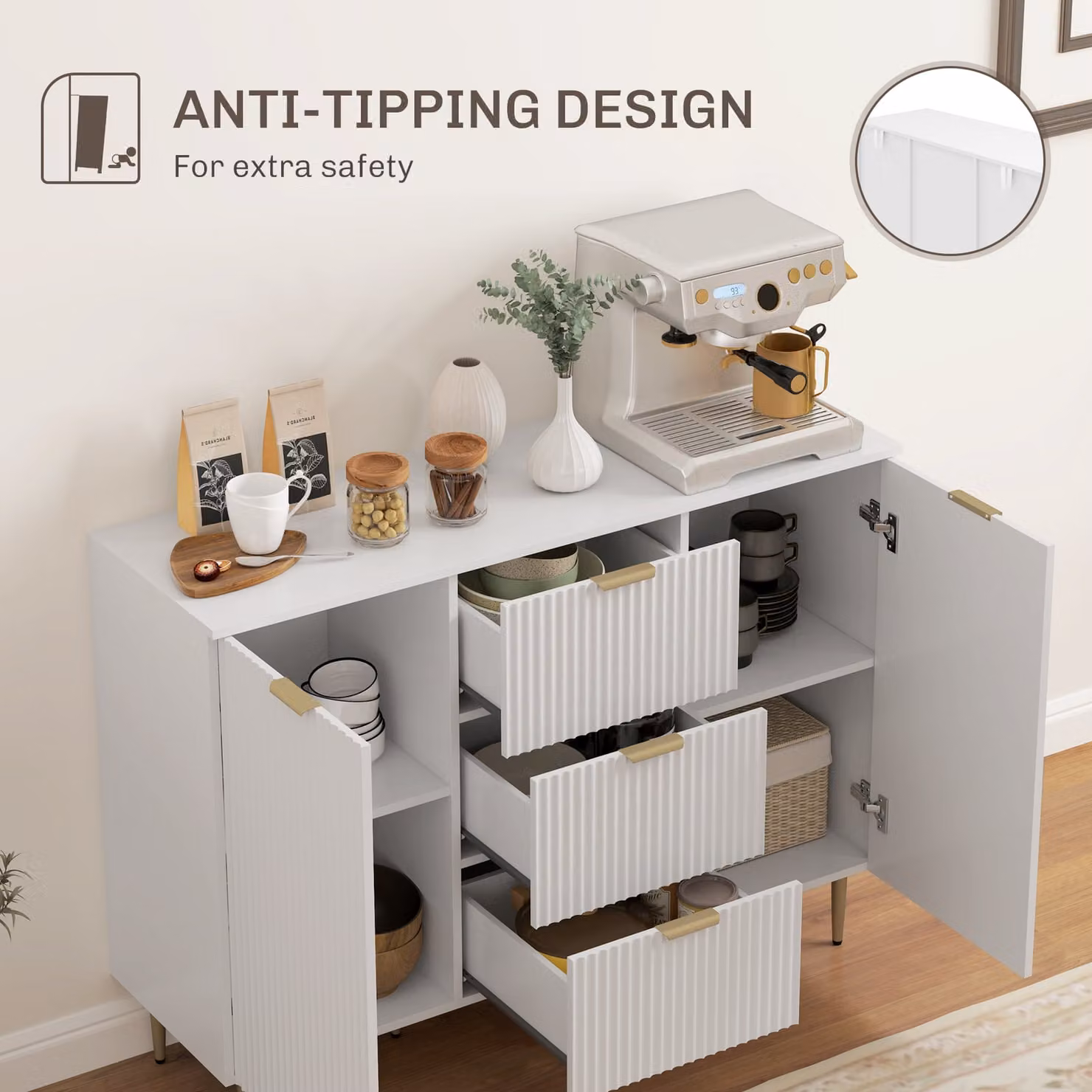 HOMCOM Modern White Sideboard Buffet Cabinet with 3 Drawers and Adjustable Shelves – 3