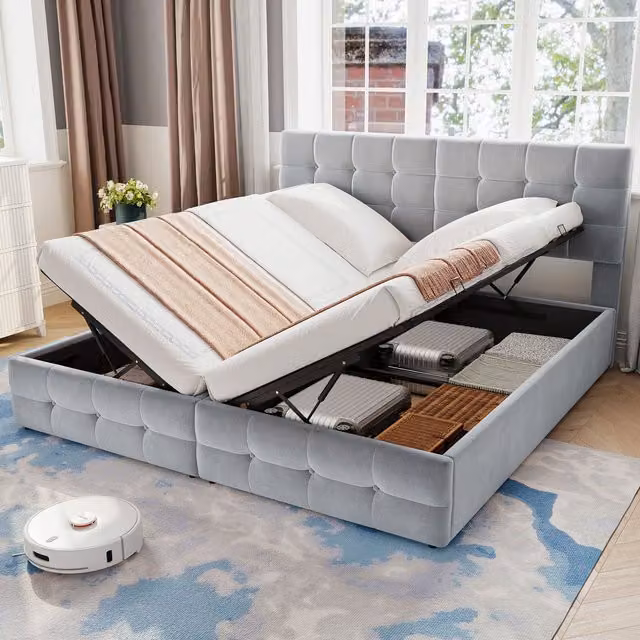 Matteo Grey Upholstered Hydraulic Double Bed with Velvet Fabric and Lift Up Base, W/D/H: 180 x 190 cm