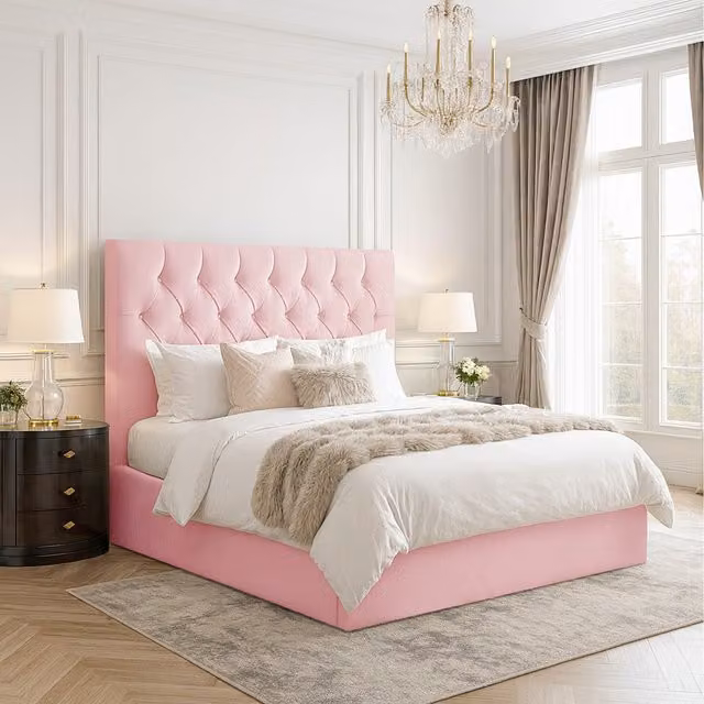 Desire Deco Samara Pink Velvet Upholstered Chesterfield Bed Frame, W/D/H: 180 x 200 cm