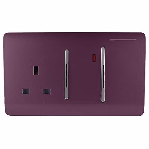 Trendi Artistic Modern Glossy 45 A Cooker Switch and Plug Socket Combination with Neon Insert in Purple