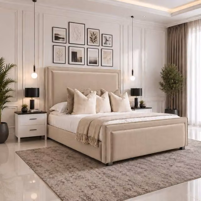 Velmora Upholstered Divan Ottoman Storage Bed with Headboard in Beige, Super King Size 200 x 200 cm